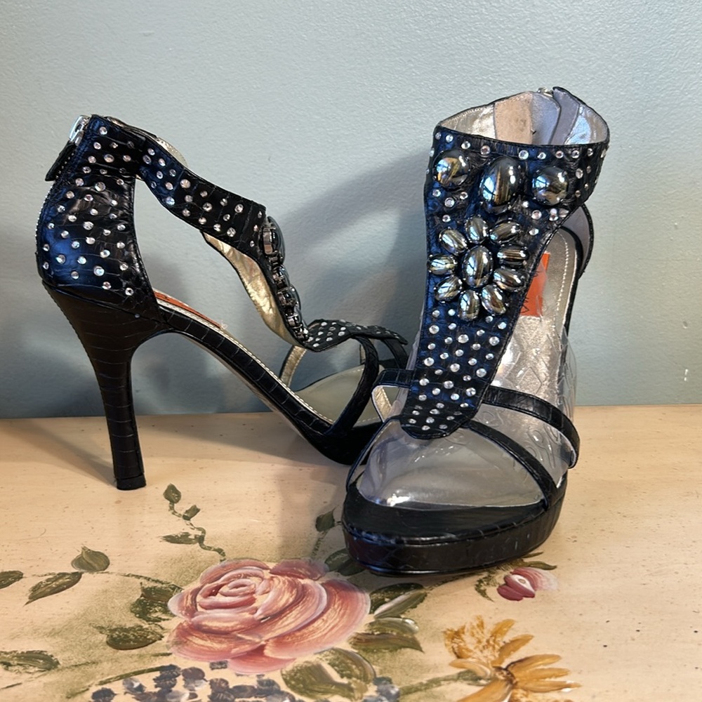 Chi By Falchi Black Leather T Strap Rhinestone Jewel Beaded Zip Back Heel Shoes